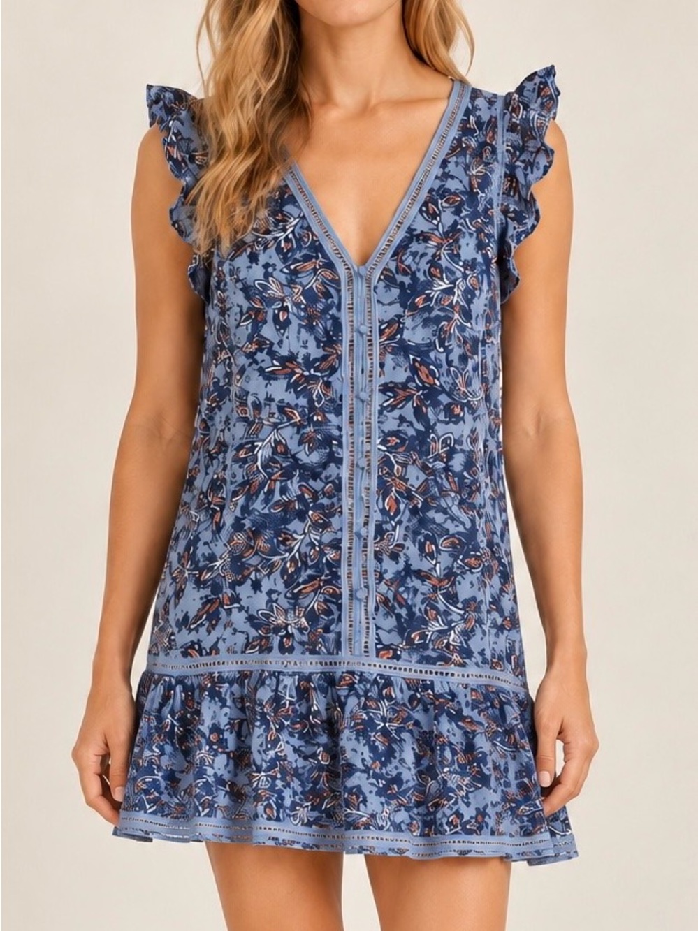 Lucky Brand Blue Floral Ruffle Cap Sleeve Short Dress V-neck Button Front Medium